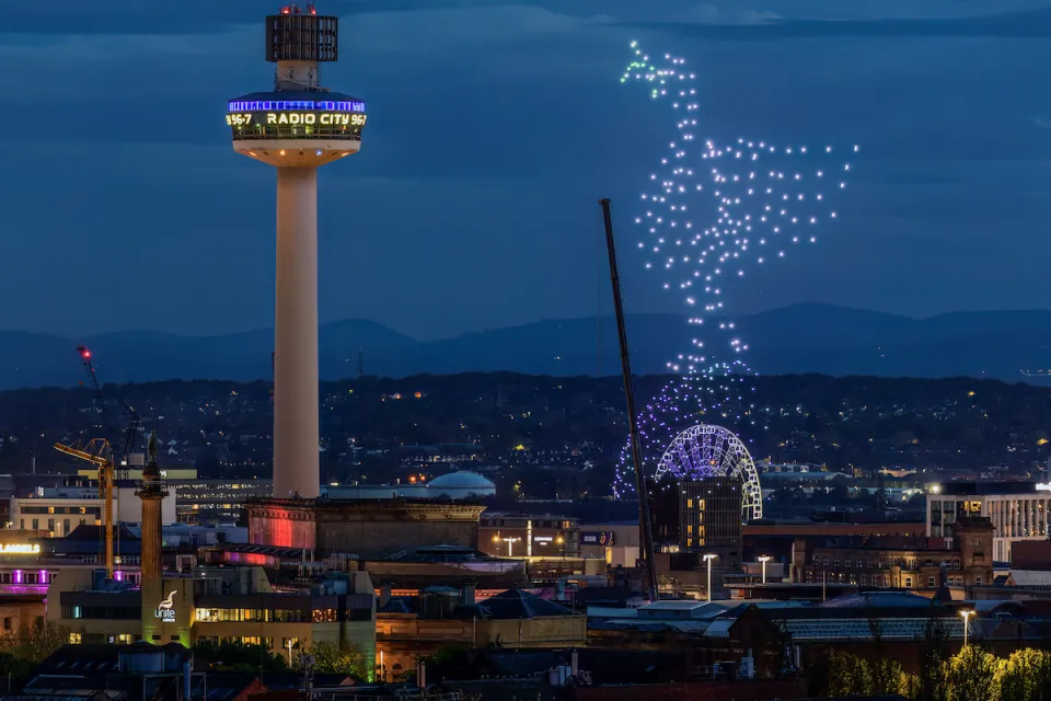 Drone show over Liverpool, England.